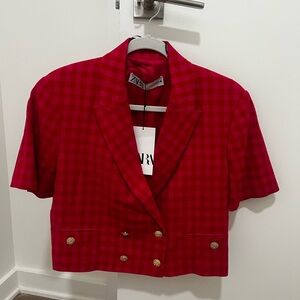 Zara Vibrant Red Checkered Jacket with Gold Accents Blazer and short !!
